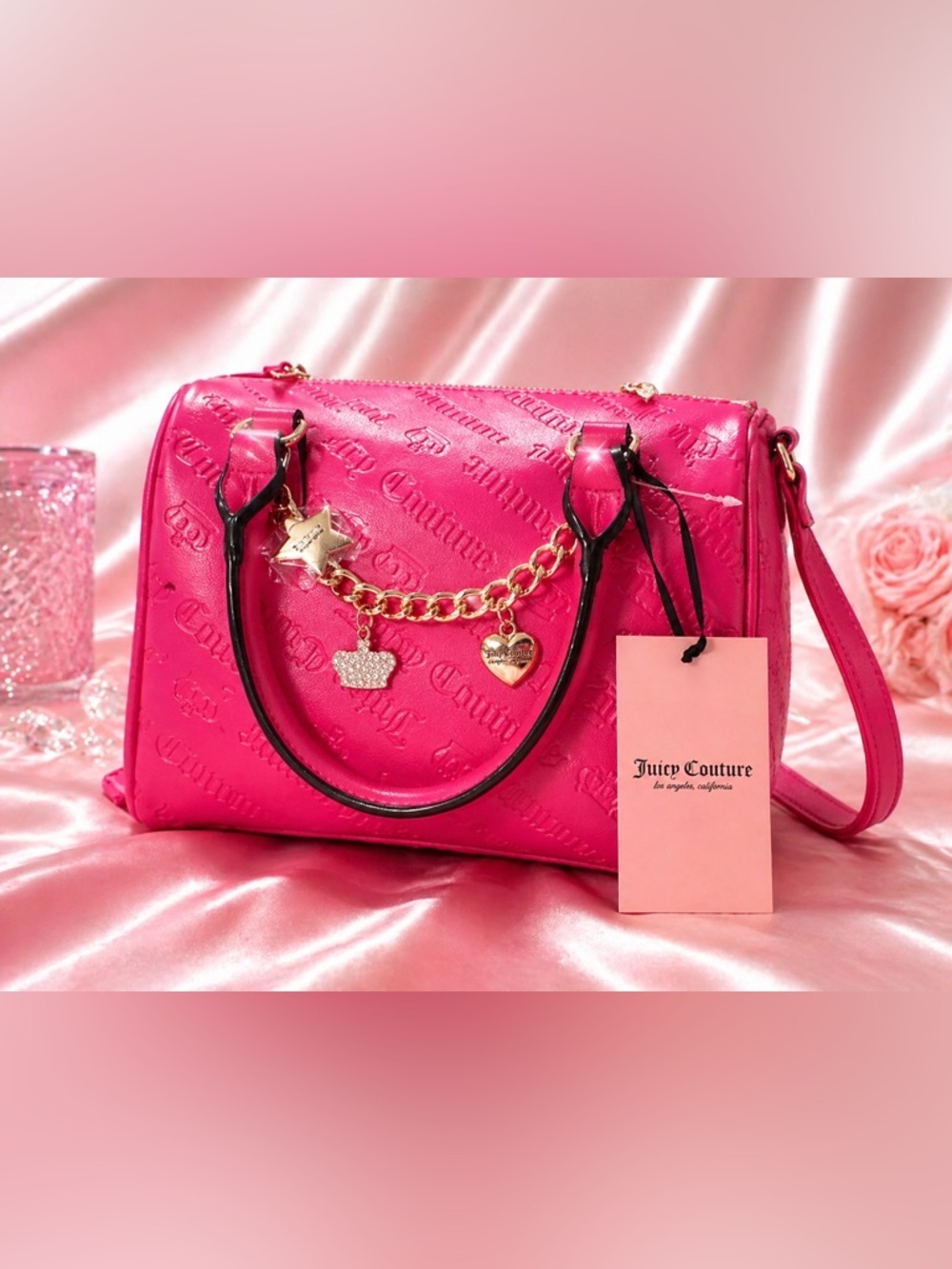 Juicy Couture Hot Pink Embossed Satchel with Gold Charm Chain